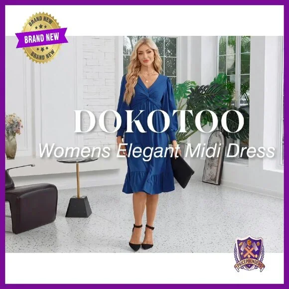 Wrap V-Neck Long Sleeve Empire Waist Midi Dress with Pockets - Picture 8 of 8